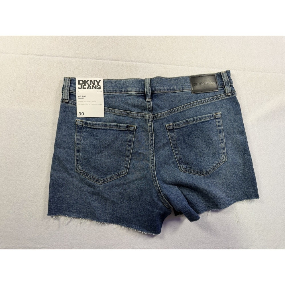 DKNY Blue Medium Wash Mid Rise Raw Hem Denim Shorts Woman 30 NWT Festival - Picture 3 of 8